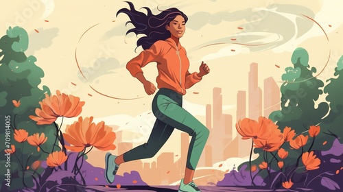 Illustration of woman running in the park. Healthy woman jogging in a park. Jogging with city view.