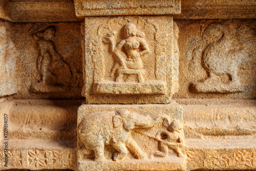 Carving of a naked women on the exterior wall of the Hazararama temple, Hampi, Karnataka, India, Asia photo