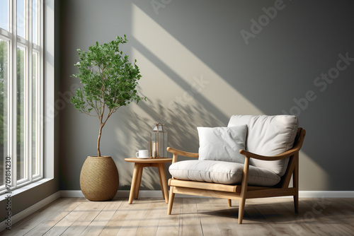 Visualize a lovely chair in soft tones with a wooden table against the backdrop of an empty blank frame. The composition is beautiful and cute  providing an inviting and aesthetically pleasing space.