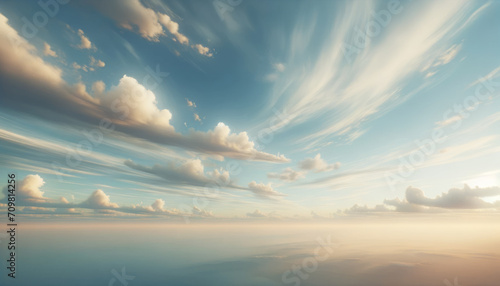 Gentle clouds strewn across a calm blue sky. Serenity, aerial landscape concept. Generative AI photo