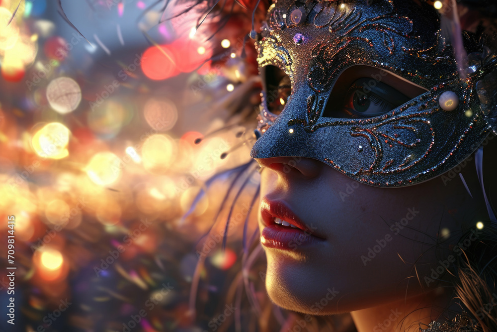 Beautiful young woman in carnival mask over bokeh background Beautiful young woman in carnival mask over bokeh background