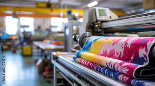 Modern printing machine with t-shirt at printshop