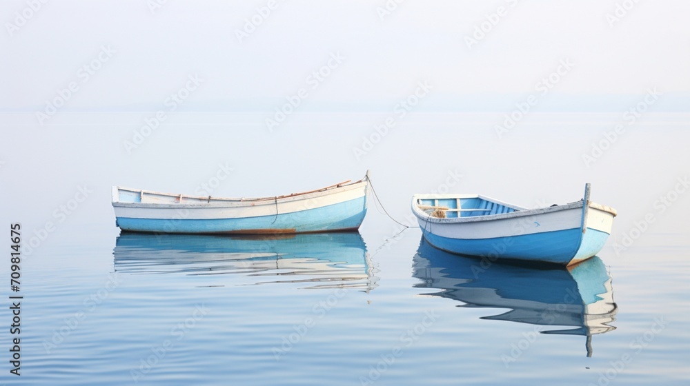 two traditional fishing boats, side by side on calm waters, their reflections mirrored against a pristine white background, capturing the essence of maritime tranquility.