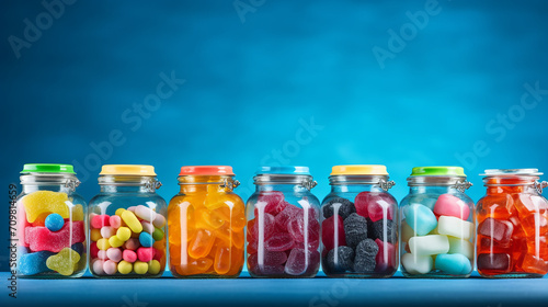 blue background with colorful candies in jars on table