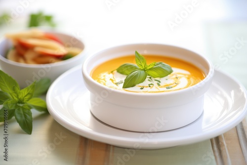 bowl of tomato basil soup with a cream swirl and fresh basil leaf on top