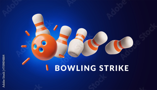 Bowling ball strike hit falling pin skittles, 3D bowling play target, winning movement, Bowling strike vector banner