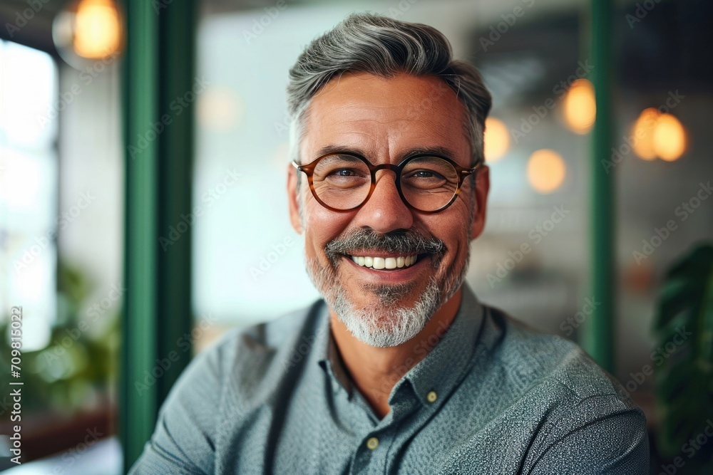 Smiling 45 years old banker, happy middle aged business man bank manager, mid adult professional businessman ceo executive in office, older mature entrepreneur wearing glasses, headshot, Generative AI Smiling 45 years old banker, happy middle aged business man bank manager, mid adult professional businessman ceo executive in office, older mature entrepreneur wearing glasses, headshot, Generative AI
