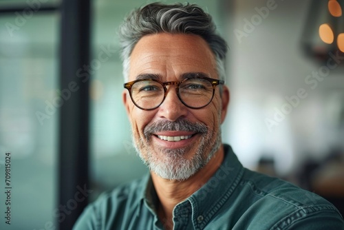 Smiling 45 years old banker, happy middle aged business man bank manager, mid adult professional businessman ceo executive in office, older mature entrepreneur wearing glasses, headshot, Generative AI