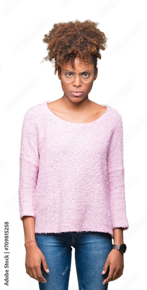 Beautiful young african american woman wearing glasses over isolated background skeptic and nervous, frowning upset because of problem. Negative person. Beautiful young african american woman wearing glasses over isolated background skeptic and nervous, frowning upset because of problem. Negative person.