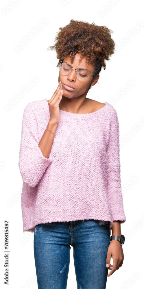 Beautiful young african american woman wearing glasses over isolated background touching mouth with hand with painful expression because of toothache or dental illness on teeth. Dentist concept. Beautiful young african american woman wearing glasses over isolated background touching mouth with hand with painful expression because of toothache or dental illness on teeth. Dentist concept.