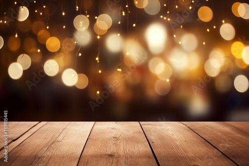 Empty wooden table mockup with defocused green and gold background, shamrock and golden glitter for Saint Patrick's Day designs