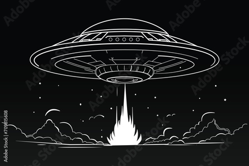 ufo illustration with white style lines black background