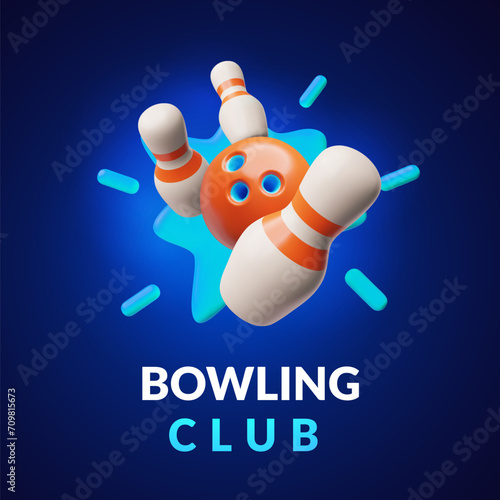 Bowling ball strike hit falling pin skittles, 3D bowling play target, winning movement, Bowling club vector poster