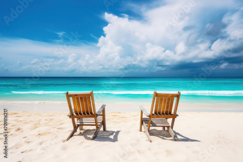 Comfortable beach chair in Caribbean resort. Relaxing with tranquil ocean backdrop. AI Generative.