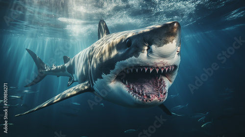 Ocean shark bottom view from below. Open toothy dangerous mouth with many teeth. Underwater blue sea waves clear water shark swims forward photo