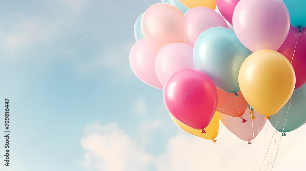 Children's birthday background with many balloons in pastel tones