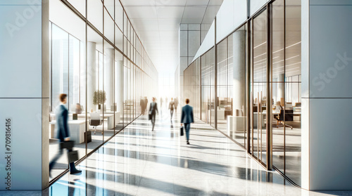 Elegant office space with professionals passing by and the cityscape reflected on glossy floors. Urban work environment concept. Generative AI photo