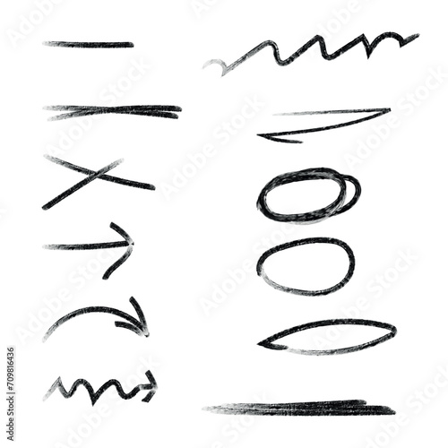 Vector brush in hand drawn style. Set of coal arrows vector icons. Hand drawn drawings of various curved lines, arrow curls. Direction signs on a white background.