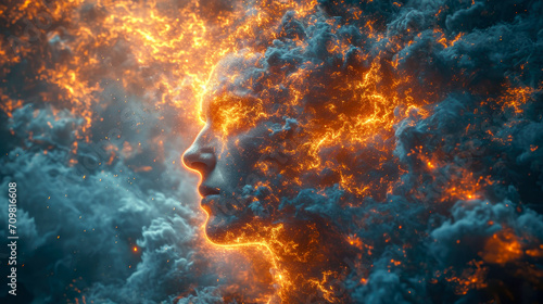 Abstract young woman's face on a fire cloud. photo