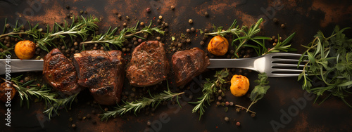 Set of grilled steaks on a black stone table with spices and herbs. Top view. Free space for your text.