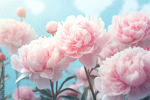 Beautiful pink large flowers peonies on a light blue turquoise background with blurry soft filter