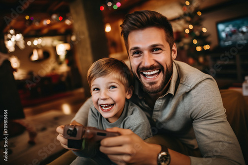 Father and son playing video games