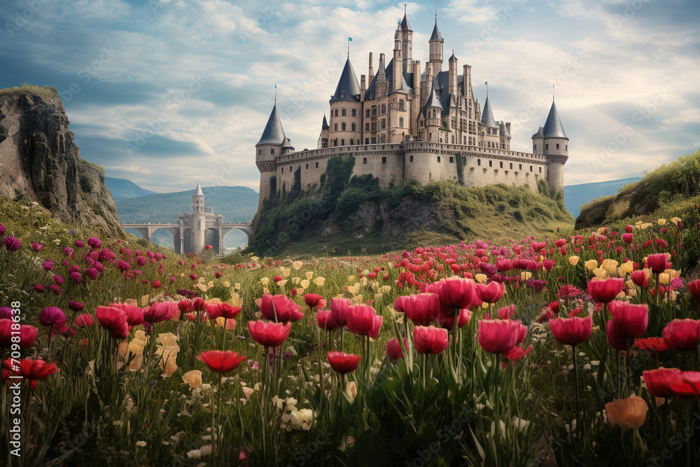castle in flower field