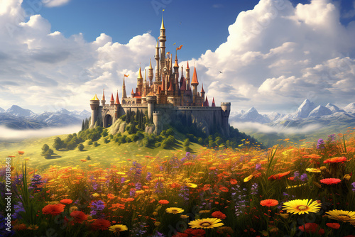 castle in flower field