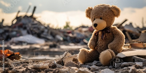 Teddy bear sitting on a pile of rubble representing the loss