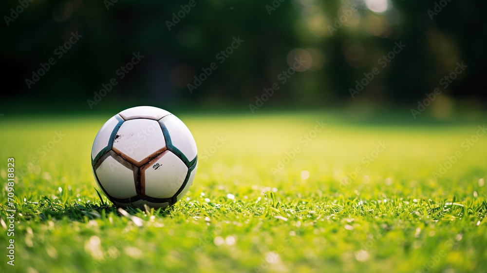 Fototapeta premium a soccer ball sits on the green grass and there is a white line created with Generative Ai
