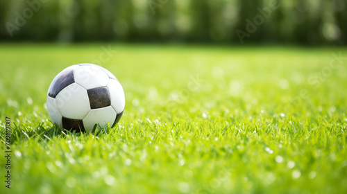 a soccer ball sits on the green grass and there is a white line created with Generative Ai © Andrii Yablonskyi