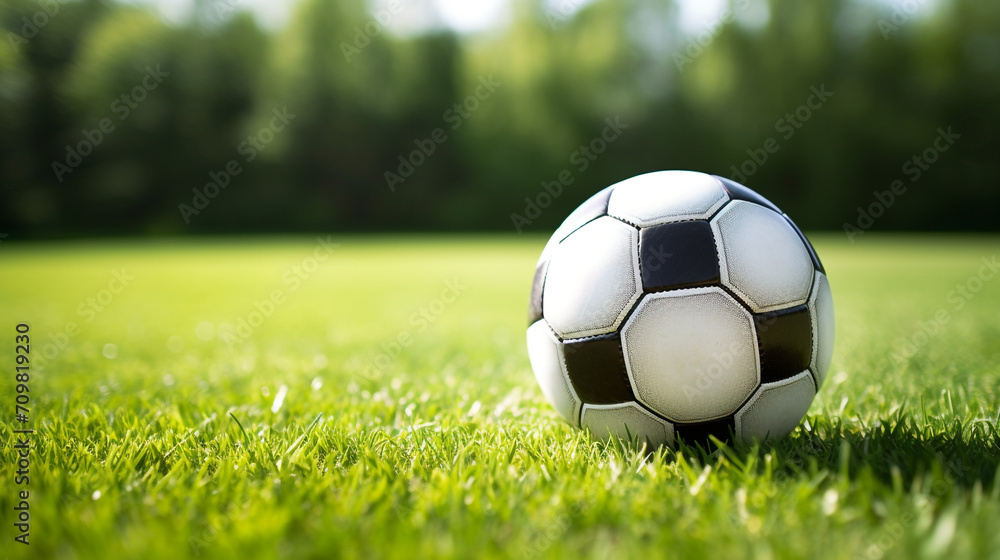 Fototapeta premium a soccer ball sits on the green grass and there is a white line created with Generative Ai