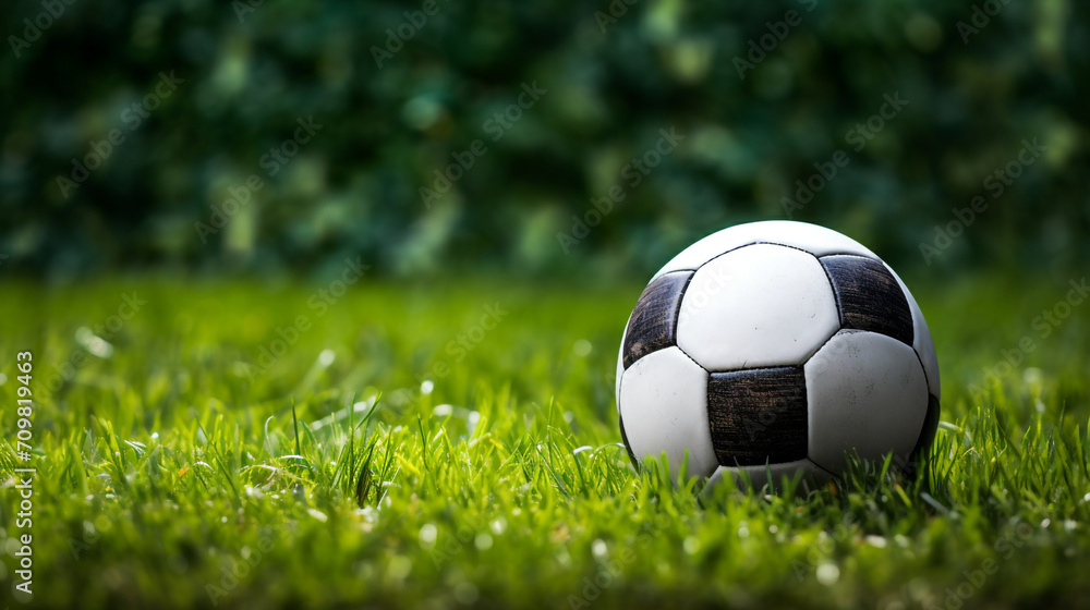 Fototapeta premium a soccer ball sits on the green grass and there is a white line created with Generative Ai