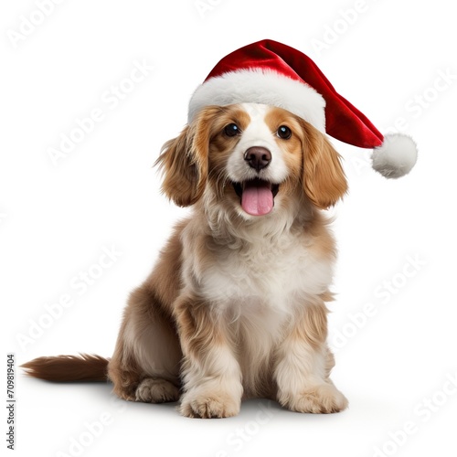 Dog wearing Christmas hat on white background