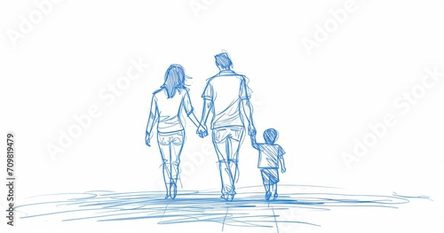 Minimalistic sketch like line art draw of family walking together