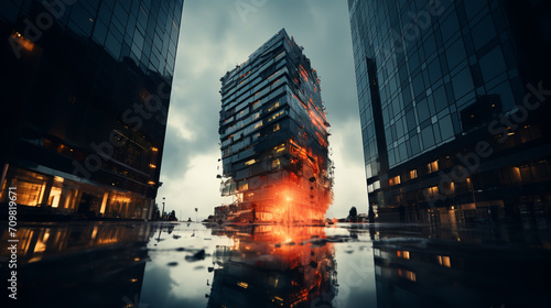 Abstract destruction of fictitious city with fires  explosion  shattered glass and rubble. Concept of war  natural disasters