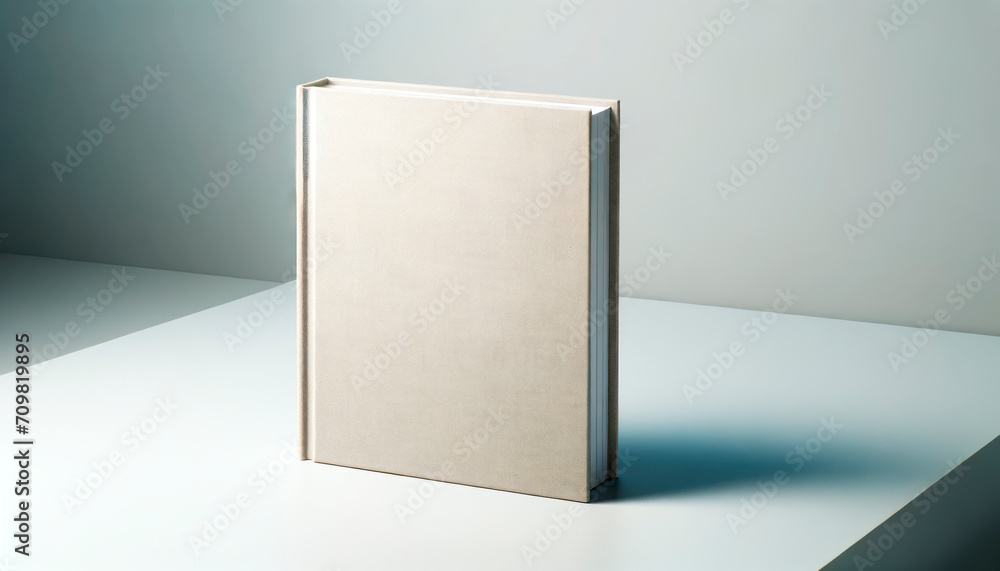 Beige book standing on a clean surface with shadow play. Minimalist design. Generative AI - obrazy, fototapety, plakaty 