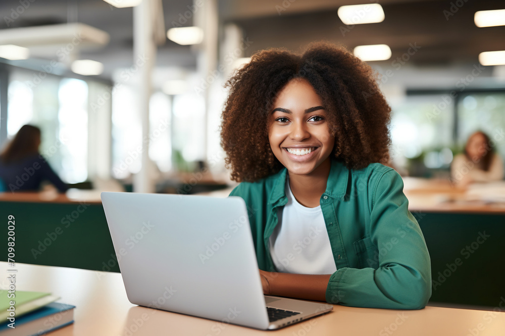 Happy African Black girl student using laptop computer in university library Happy African Black girl student using laptop computer in university library