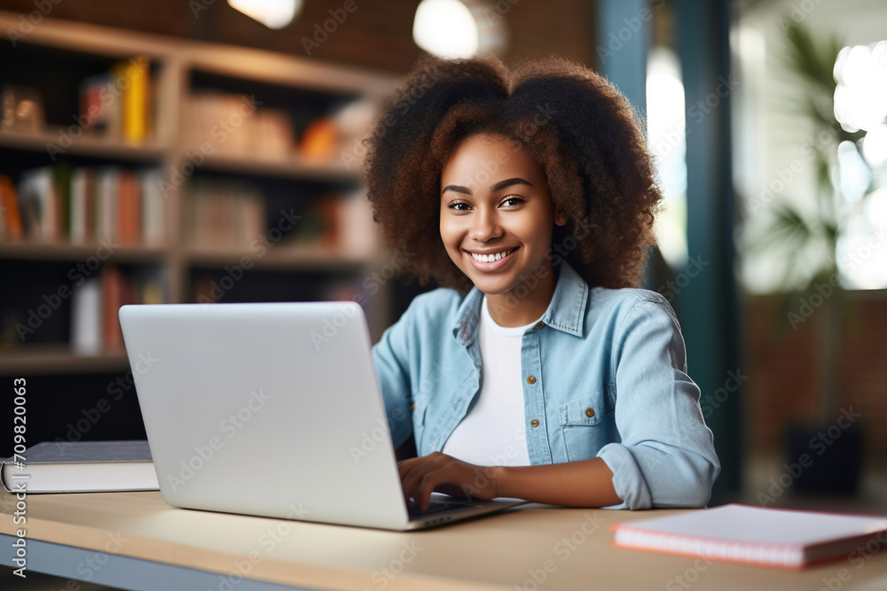 Happy African Black girl student using laptop computer in university library