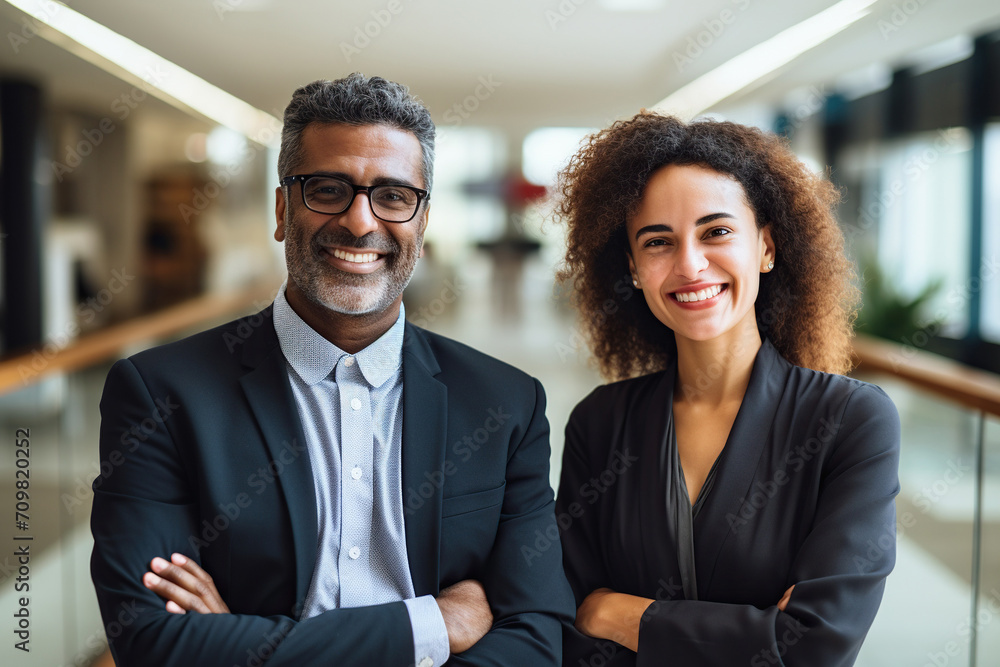 Happy confident business team people two Latin and African American colleagues standing in office Happy confident business team people two Latin and African American colleagues standing in office