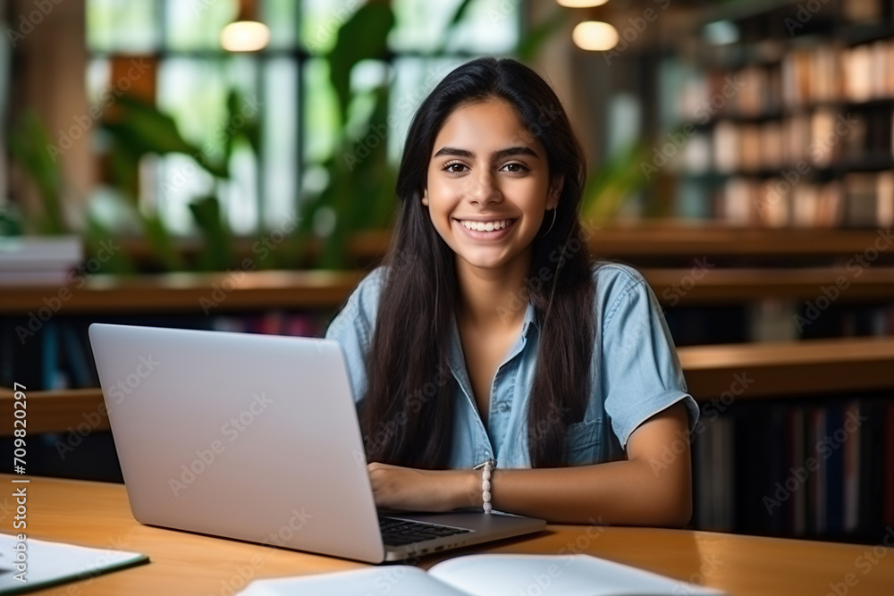 Happy Latin girl student using laptop computer in university library sitting at desk Happy Latin girl student using laptop computer in university library sitting at desk