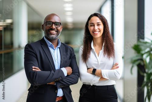 Happy confident business team people two Latin and African American colleagues standing in office