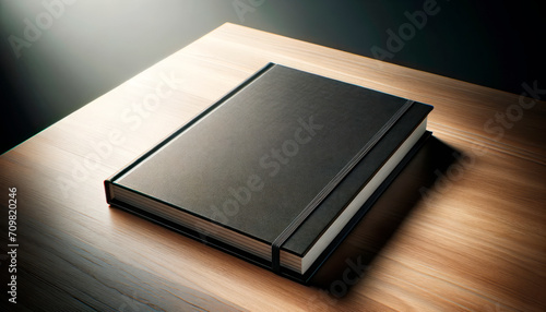 Black book on wooden table with dramatic side lighting. Sophisticated atmosphere. Generative AI