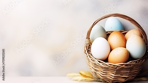 Watercolor vintage colorful handmade Easter eggs in wicker basket with bow isolated on white background. Watercolor hand drawn illustration sketch