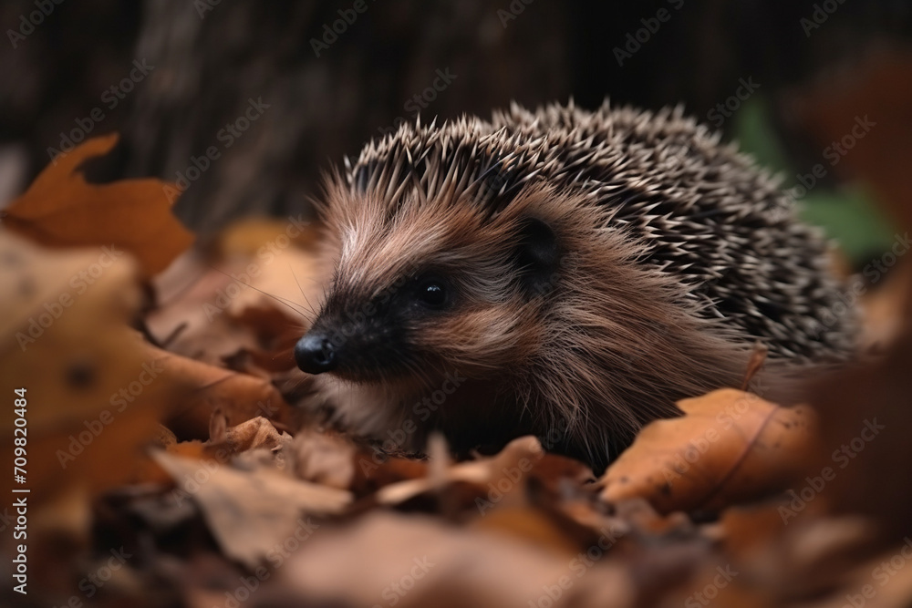 Fototapeta premium A hedgehog was hiding in a pile of dry leaves