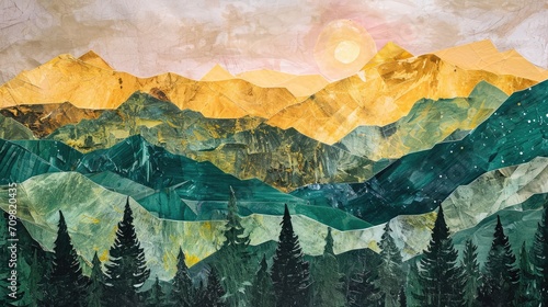 Generative AI, Green forest landscape with mountains in torn paper style