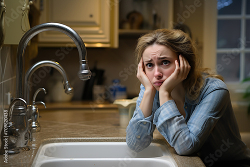 A forlorn woman at her kitchen sink looking worried about a plumbing problem.