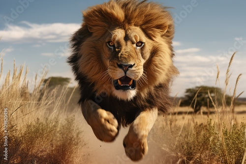 A lion jumping over the camera  high speed chase on the grassy plains