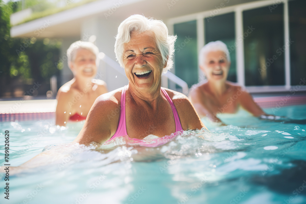 Fototapeta premium Active senior women enjoying aqua fit class in a pool