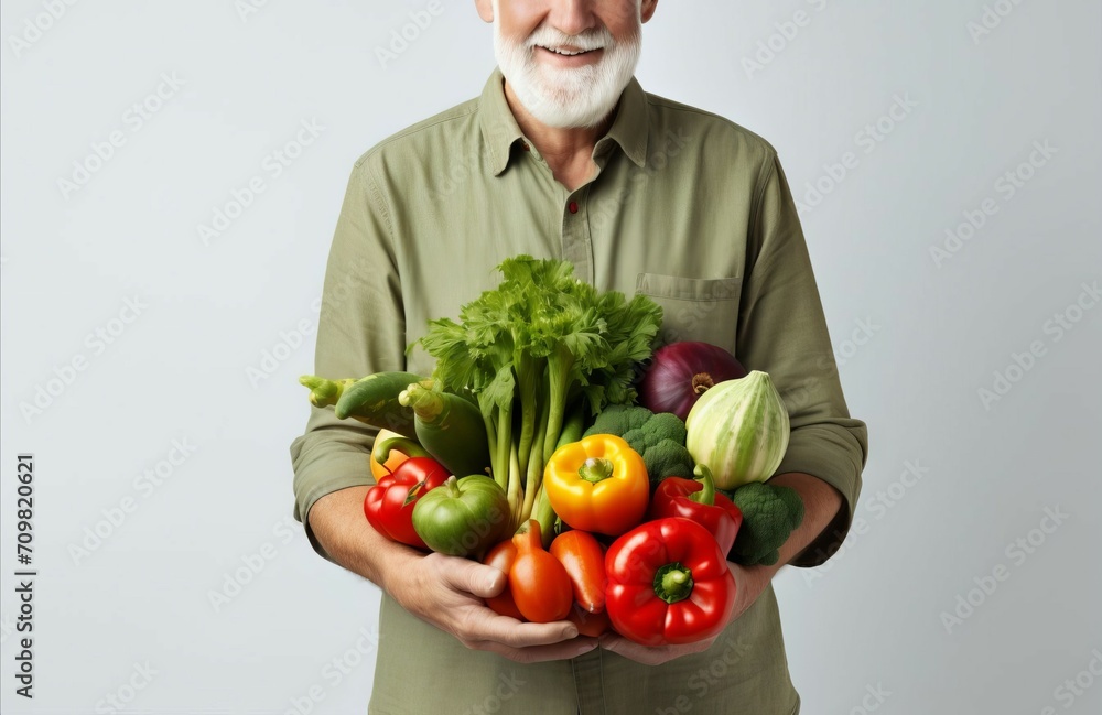 An elderly man holding a set of fresh vegetables in his hands. On a gray background. Proper nutrition and a healthy lifestyle An elderly man holding a set of fresh vegetables in his hands. On a gray background. Proper nutrition and a healthy lifestyle